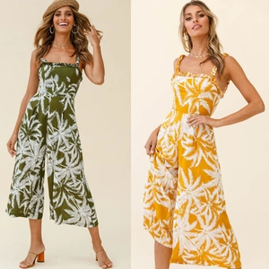 Bohemian Tropical Palm Print Wide Leg Jumpsuit For Women Ruffle Strap Sleeveless Summer Beach Casual Vacation Romper