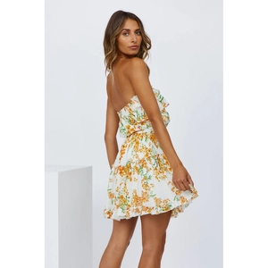 White floral off-shoulder mini dress with layered ruffles and back view design