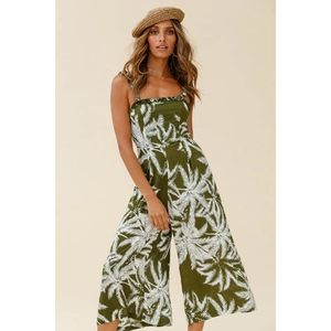 Bohemian tropical palm leaf print jumpsuit with ruffle straps for summer vacation style
