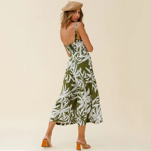 Bohemian olive green palm print romper with ruffle straps and elastic back detail
