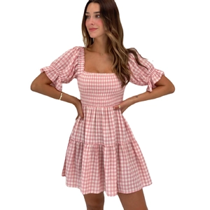 Robe courte à carreaux vichy rose avec manches bouffantes et col carré pour femmes d'été