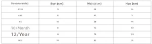 Size chart for V-neck lace mini dress showing bust, waist, and hip metrics in cm