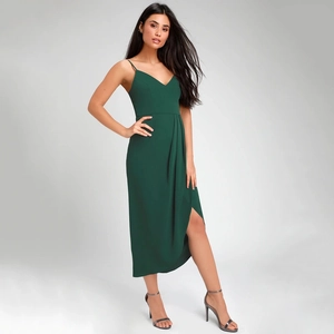 Slim fit dark green V-neck camisole dress with elegant pleated slit and thin straps