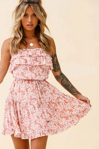 Detail of floral off-shoulder mini dress with ruffled bodice and waist tie belt