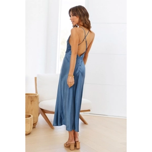 Detailed back view of dusty blue satin midi dress featuring criss-cross back straps