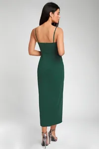 Detail of deep green bodycon dress featuring thin straps and back invisible zipper