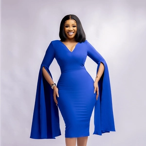 Robe Crayon Moulante à Col en V avec Manches Cape Couleur Unie Élégante Robe Midi de Cocktail pour Mariage