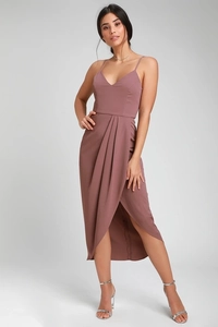 Detail of dusty rose V-neck midi wrap dress with elegant pleated skirt and thin straps