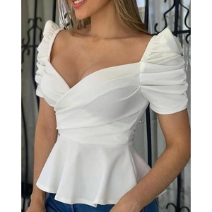 Elegant white V-neck puff sleeve blouse with wrap design and flared peplum hem for women