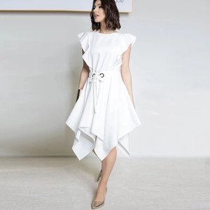 Elegant white sleeveless dress with ruffled shoulders, belt, and asymmetric hemline