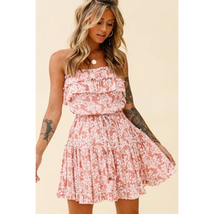Floral print off-the-shoulder mini dress with ruffles and drawstring waist detail