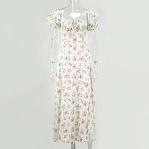 Detail of square neckline with pleated bust and drawstring on floral summer dress
