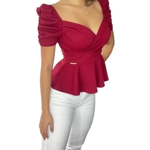 Women's wine red sweetheart neck blouse with puff sleeves and peplum waist detail