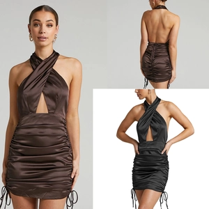 Sexy Halter Neck Satin Ruched Mini Dress Backless Cutout Drawstring Bodycon Summer Dress For Women French Style Party Wear