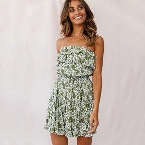 Olive green floral off-shoulder mini dress with ruffled layers and a waist tie
