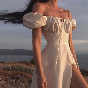 Abito Maxi da Donna in Stile Francese Scollo a Barca Maniche a Sbuffo con Spacco Laterale Tinta Unita Vita Alta Abito da Festa Vacanza