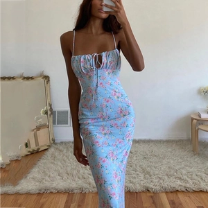 Women's Sexy Floral Ruched Cami Maxi Dress Backless Lace Up Bodycon Mermaid Long Dress Summer Vacation Slim Fit Party Dress