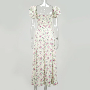 Detailed back view of a floral square neck dress featuring puff sleeves and open back