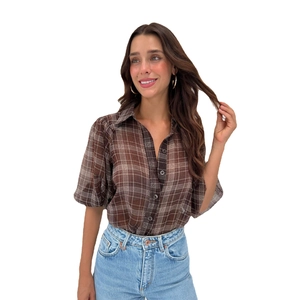 British style brown plaid chiffon shirt with puff sleeves and lapel for women