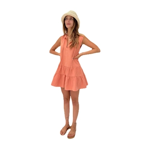 Women's V-neck coral sleeveless tiered A-line dress in breathable cotton linen style