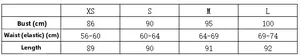 Detailed size chart for floral chiffon dress showing bust, waist and length measurements