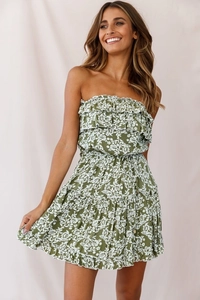 Green floral off-shoulder mini dress with ruffled neckline and drawstring waist details
