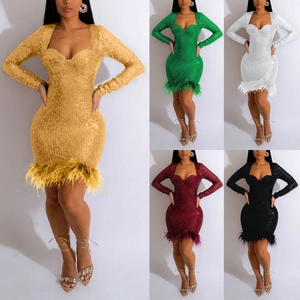 Women Sexy Sequin Feather Patchwork Bodycon Mini Dress Elegant Long Sleeve Square Neck Evening Party Club Nightwear Dress