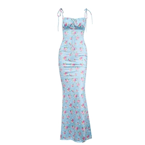 Light blue floral midi dress with tie straps, ruched chest and slim fit mermaid hem