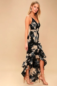 Detail of floral print summer dress with elegant V-neckline and ruffled asymmetric hemline