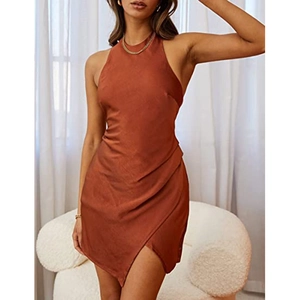 Caramel satin halter neck mini dress with side ruching and irregular split hem detail