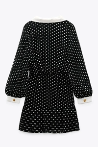 Detailed back view of polka dot chiffon dress featuring metal buttons and pleated skirt