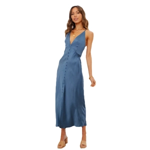 Elegant dusty blue satin midi dress with V-neckline and button-front detailing