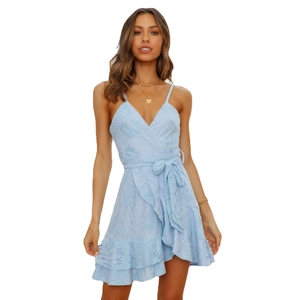 Light blue lace V-neck mini dress with ruffled hem and adjustable waist tie belt