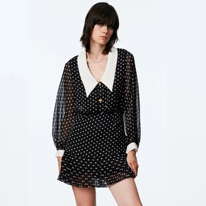 Women Polka Dot Long Sleeve Mini Dress Chiffon Contrast Peter Pan Collar Gold Buttons Pleated Hem Retro Preppy Short Dress