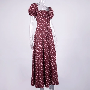 Detail of burgundy floral midi dress with puff sleeves and square neckline design