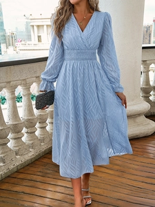 Elegant Women V Neck Long Sleeve Midi Dress Jacquard Wave Texture Elastic Waist A-Line Chiffon Casual Sweet Party Dress
