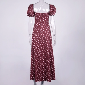Detailed back view of wine red floral midi dress with puff sleeves and invisible zipper