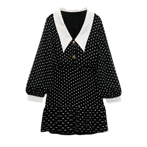 Elegant polka dot chiffon dress with contrasting white collar and gold buttons