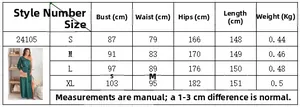 Size chart table with measurements in cm for solid color one shoulder slit maxi dress