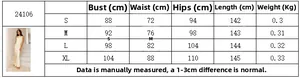 Size chart for backless satin fishtail maxi dress with detailed measurements for S to XL