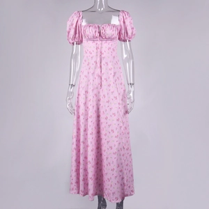 Detailed view of the square neckline and tie-up drawstring on the floral puff sleeve dress