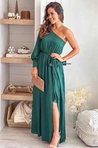 Detail view of emerald green satin dress with side slit and elegant belted waist