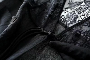 Detailed close-up of intricate black lace texture and woven drawstring on gothic style top
