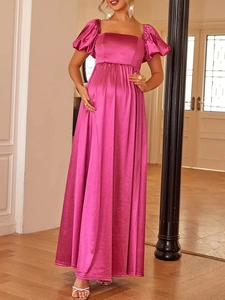 Elegant rose red maternity maxi dress with puff sleeves and sexy backless satin design