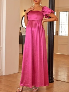 Elegant magenta satin maxi dress with puff sleeves and empire waist for women