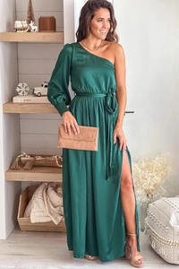Detail of elegant dark green one-shoulder satin maxi dress with waist tie and high side slit