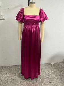 Elegant fuchsia satin long dress with puff sleeves and high waist maxi silhouette