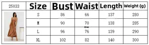 Detailed size chart for the backless fishtail evening dress showing S to XL measurements