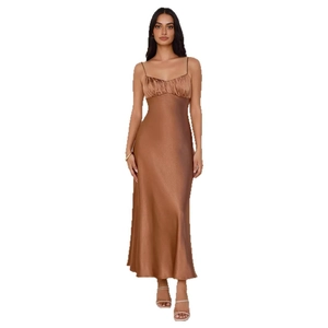 Detail of elegant bronze satin evening dress showing the fine straps and pleated bodice