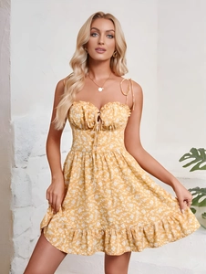 Sexy Floral Print Spaghetti Strap Mini Dress Ruched Drawstring A-Line Ruffle Summer Chiffon Bustier Sundress For Women Party